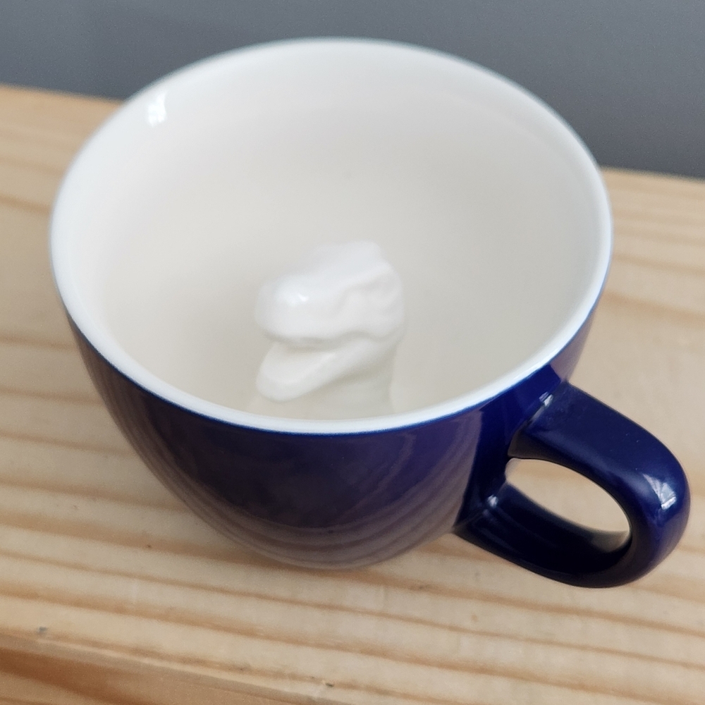 Creature Cups Blue and White Ceramic Mug With a Dinosaur Head Inside T-Rex